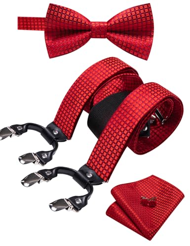 Image of YOHOWA Men Suspenders 6 Clips Strength Adjustable Y Braces Pre-Tied Bow Tie Set Formal Wedding Party
