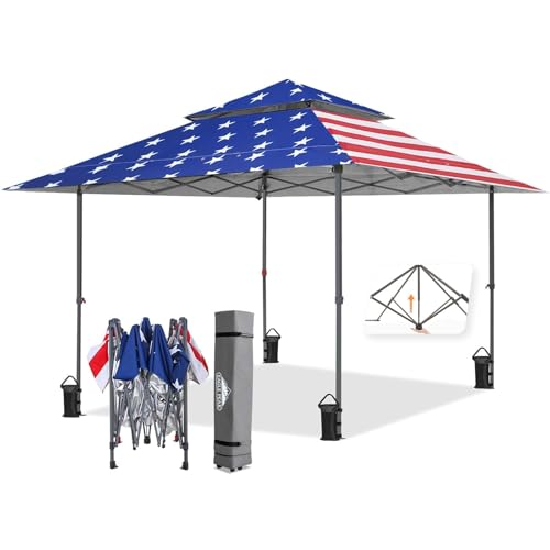 EAGLE PEAK 13x13 Straight Leg Pop Up Canopy Tent Instant Outdoor Canopy Easy Single Person Set up Folding Shelter w/Auto Extending Eaves 169 Square Feet of Shade (American Flag)