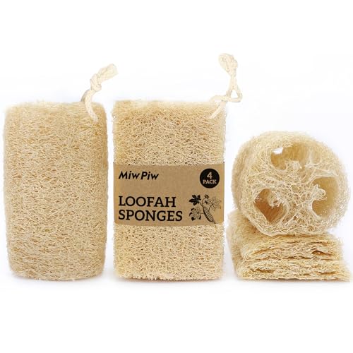 Miw Piw Natural Loofah Sponge (Pack 4) - Exfoliating Body for Bath or Dish Scrubber for Kitchen - 100% Biodegradable Compostable Zero Waste Dishwashing Scouring Pad