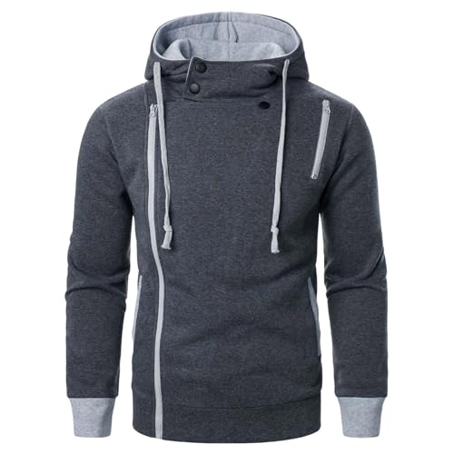 Mens Pullover Hoodie Casual Full Zip Loose Hooded Sweatshirt Solid Color Trendy Drawstring Hoodies for Men with Pockets