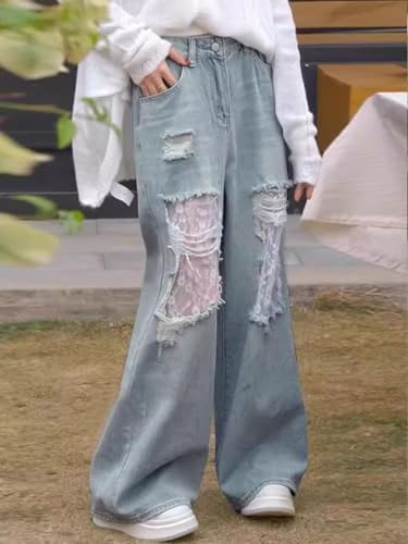 LAFOURAM Petite Jeans for Women 5 FT Short Wide Leg Baggy Y2K Lace Patchwork with Hole Denim Pants4