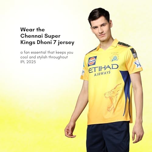 Image of playR x Chennai Super Kings Original Fan Jersey IPL 2025 - Adult Dhoni 7 Half Sleeve CSK Cricket T-Shirt, Regular Fit Sportswear Tee for Training, Outdoor & Match Day Activewear for All Season