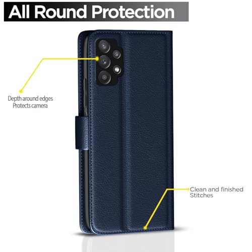 Image of Pikkme Flip Cover Leather Finish | Inside TPU with Card Pockets | Wallet Stand and Shock Proof | Complete Protection Button Flip Case for Samsung Galaxy M32 5G / A32 5G (Blue)