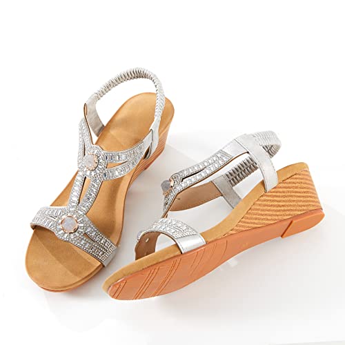 Image of FRALOSHA Wedge Sandals for Women Dressy Summer Rhinestone Glitter Open Toe Casual wedge heels Sandal Comfy Cute Beach Shoes
