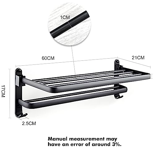yozhch Self Adhesive Black Towel Rail with Shelf, Wall Mounted Towel Rack with Double Bars, Foldable Bathroom Towel Holder with Hooks (23-Inch) - Image 6