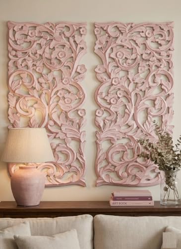 Image of VAS Collection Home Floral MDF Wall Decoration Panel, Wall Decoration Hanging, Wood Carving Wall Decoration Panel for Living Room, Bedroom, Hallway, Office (12 inch Inch X 27 inch Inch (Pink)