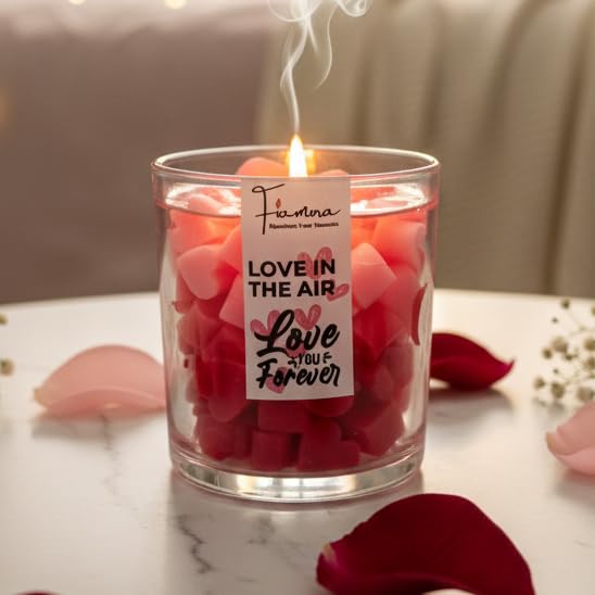 Image of Love is in the Air Romantic Scented Jar Candle | Filled with Pink & Red Mini Hearts | Calming Rose Fragrance for Aromatherapy | Hand-Poured Soy Wax | Gift for Love, Birthday, Valentine