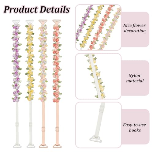Image of FREEBLOSS 4 Pairs Decorative Floral Bra Straps Removable Invisible Bra Strap Replacement Adjustable Floral Decorative Straps