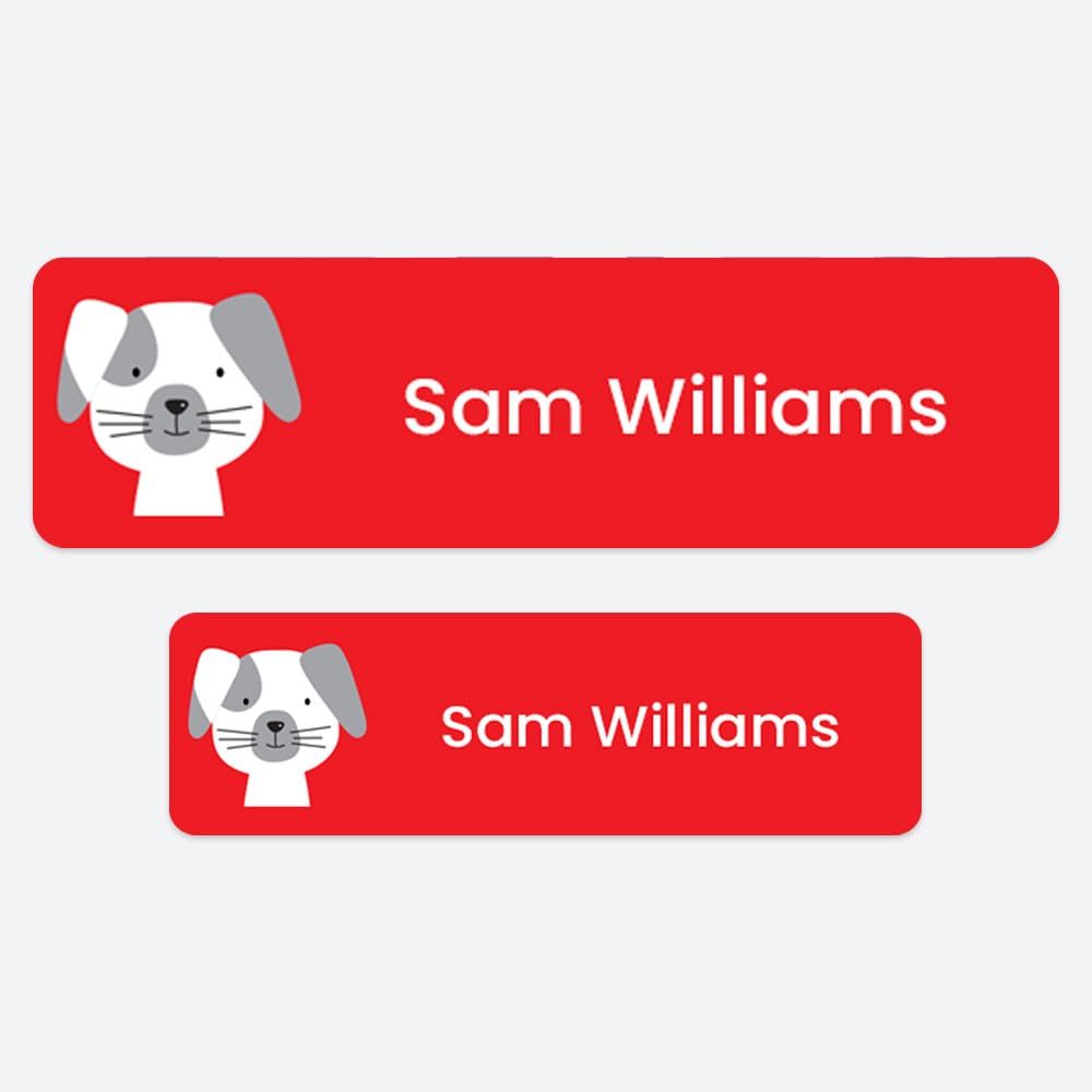 50 x No Iron Medium Personalised Stick On Waterproof Washable Name Labels Great for Clothes, School Uniform, Equipment, Shoes and Much More. School, Nursery, Day Care, Hospital - Cute Dog
