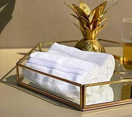 Image of Hexagon Glass Mirror Tray with Brass Rim and Mirror Base, Makeup Tray for Home Decor Jewelry Organiser, Vanity Organizer for Accent Table (10x10x1.5 inches)