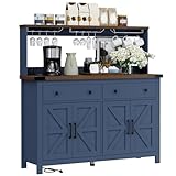 VVFLU Hutch Storage Buffet Cabinet with Drawers, and Charging Station, Coffee Bar Cabinet with Barn Doors, Wine Rack and Hooks, Blue Wood Sideboard Buffet for Kitchen, Dining Room, 54.1' High