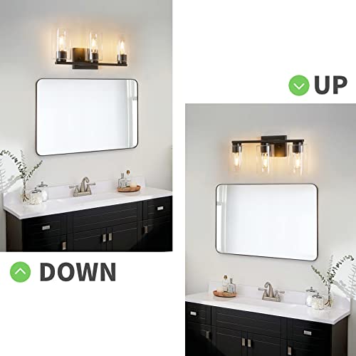 Image of WILON Vanity Light Bathroom, 3 Light Black Light Fixtures, Modern Vanity Light with Clear Glass Shade, E26 Base Lights Over Mirror, Vanity Lights for Bathroom Kitchen