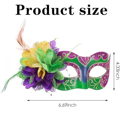 Zinniday Mardi Gras Mask for Women - 2025 Venetian Masquerade Feathers Masks with Yellow Purple Green Flower Mesh for Men Women Couples Evening Prom Ball Parade Party Carnival Costume Accessory - Thumbnail 5