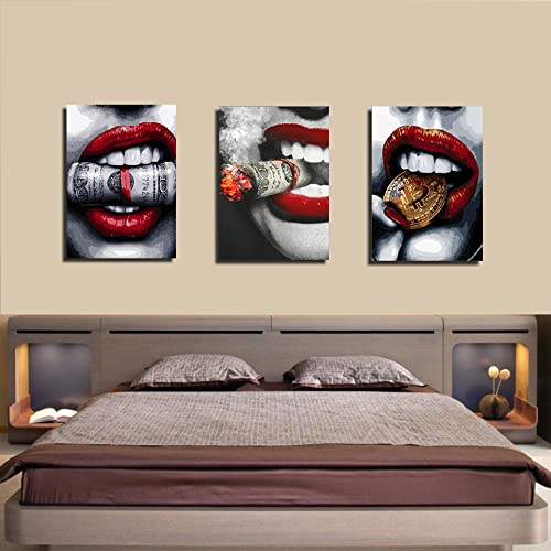 Serie de labios rojos: 【Lujo】-Núcleo de pintura en aerosol moderno a la moda, labios rojos sexys, estilo nórdico, decoración de habitación, pintura de pared, pintura de pared, juego de 3 (16 x 8
