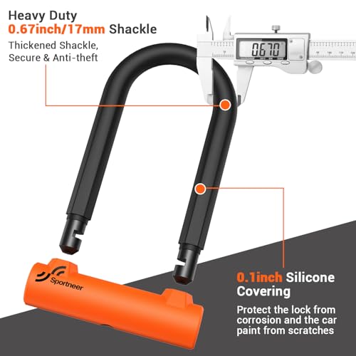 Image of Sportneer Bike Lock Heavy Duty Anti Theft U Lock with 5ft Steel Cable | 17mm Shackle Bicycle U-Locks with 2 Keys & Mounting Bracket for Road Mountain Bike, Size 19.2cmx12.8cm, 0.74kg