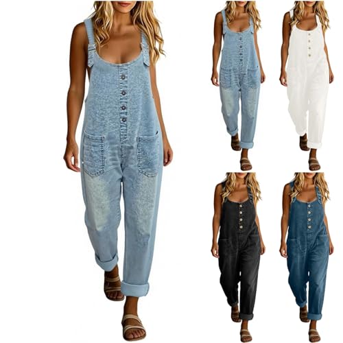 Combinaison en jean femme avec poches et jambes larges coupe droite