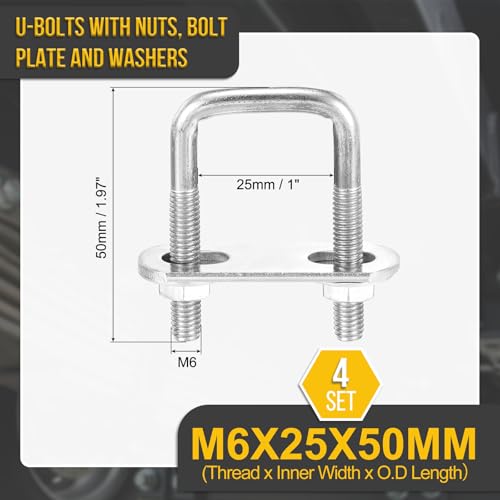 Image of DTGN M6x25x50mm U Bolts Square Kit - 4Set - 304 Stainless Steel U-Bolt Kit with Nuts, Washers, Frame Plate - Good for Pipe, Trailer, Automotive, Leaf Spring Fastener