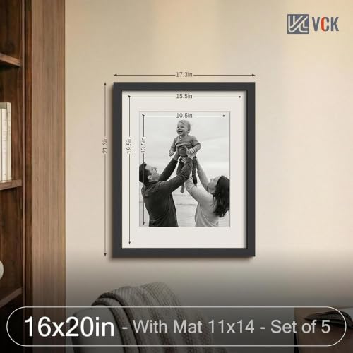 Image of VCK 16x20 Picture Frame 5 Pack, Black Wood, 11x14 Mat, Glass, for Poster