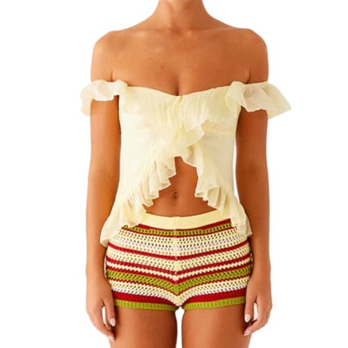 Women Y2K Off Shoulder Top Ruffled Frill Trim Irregular Hem Crop Tank Top Summer Going Out Vest Coquette Streetwear (Light Yellow, S)