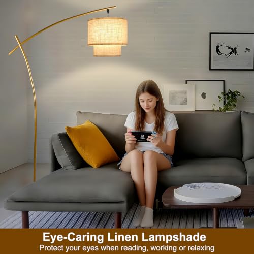 Image of Lightdot Arc Floor Lamp, 70in Standing Tall Lamp Dimmable for Living Office | 70in Modern Arc Floor Lamp with Marble Base & Double Fabric Lampshade, Overhanging Floor Lamp for Living Room Bedroom Reading