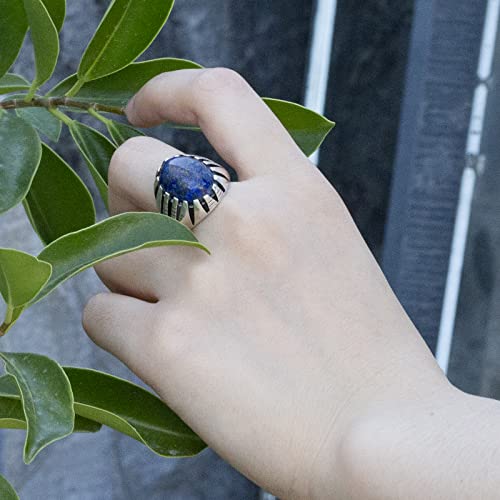 Skoomen Men Ring In Sterling Silver, Blue Lapis Ring With Jewelry Box, Large Oval Biker Punk Ring, Anniversary Birthday Christmas Gemstone Ring Band Gifts (Size 11) #TOP3