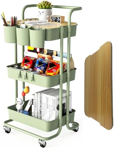 3 Tier Rolling Cart with Metal Handle, Table Top, Hanging Cups, H...