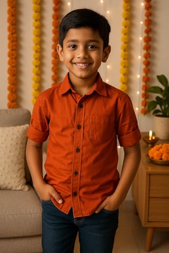 Image of Boys Kids Rust Orange Cotton Shirt, Long Roll-Up Sleeves, Party, Age 2-10 Years