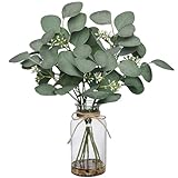 FOTEEWL 15' Artificial Eucalyptus Stems in Glass Vase with Faux Water Contains Small Stones,Fake Plant Greenery for Centerpiece Table Decorations Office Farmhouse Bathroom Kitchen Home Decor (Green)