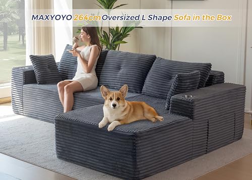 Image of MAXYOYO 265 cm Modular Sofa and Chaise Longue, Modern Cloud Boneless Couch in L-Shape with Ottoman, Corner Sofa with Multi-Function, Assembly-Free, Sofa in a Box for the Living Room