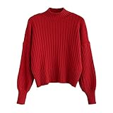 ZAFUL Damen Locker Rollkragenpullover Langarm Sweater Pulli Lose Bluse Pullover Tops(Rot)