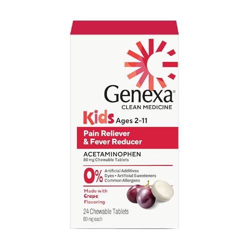 Image of Genexa Kids’ Clean Pain & Fever Acetaminophen Chewables, Dye Free, 0% Artificial Additives, Delicious Grape Flavor, Chewable Medicine for Children 2-11, 80 mg per Tablet, 24ct