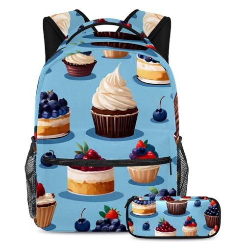 Cartable bleu enfant motif dessert tendance avec sa trousse stylos