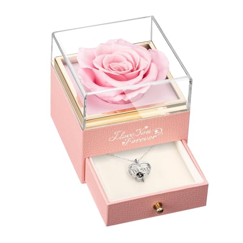 WILDLOVE Preserved Real Pink Rose with Mom Necklace - Gifts for Mothers Day, Christmas, Birthday Gifts for Mom - Long Lasting Forever Flowers Best Presents for Moms