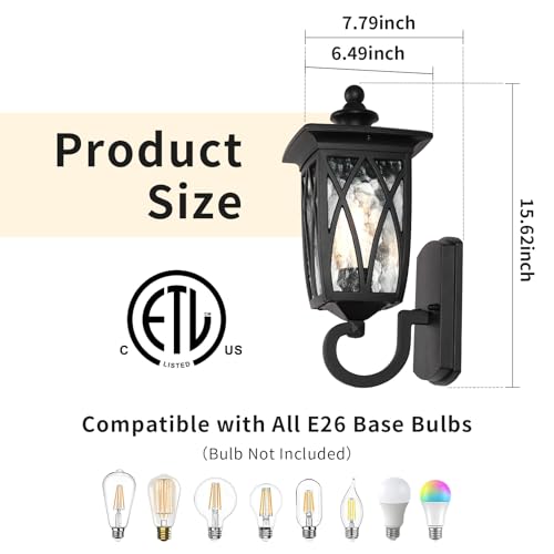 Image of JYZ 16 inch Outdoor Wall Light Fixture, Classic Exterior Waterproof Wall Lantern, Matte Black Anti-Rust Sconce with Water Ripple Glass Shade, E26 Base Outside Porch Lights for Patio Garage Door