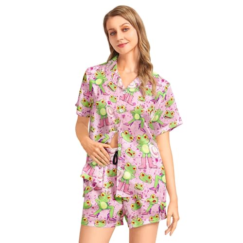 Image of Silk Satin Pajama Set for Women Summer Lounge Pjs Sets 2 Piece Suit Ladies Button Down Tops And Shorts Sleepwear