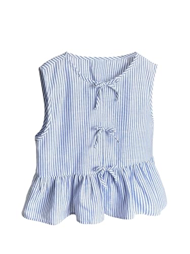 SHENHE Girl's Tie Front Bow Striped Tank Top Sleeveless Ruffle Hem Peplum Shirt Cute Summer Top