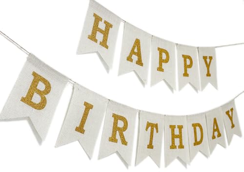 Happy Birthday Banner, Pre-Strung Burlap Happy Birthday Sign Garland, White and Gold Birthday Decorations for Girl Men Women — view 2
