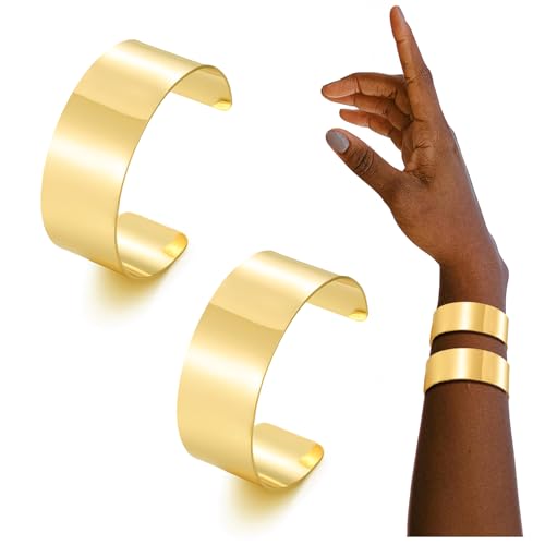 BOMAIL 2PCS Cuff Bangle Bracelets for Women - 14k Gold Plated Adjustable Open Statement Wide Bangles...