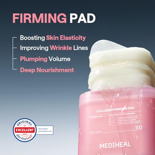 Image of MEDIHEAL Collagen Toner Pads, Skin Firming Korean Facial Pads with 98% Low-Molecular Collagen, Peptides & Retinol, Helps Restore Skin Elasticity, Removes Wrinkles & Fine Lines, Hydrating Daily Toner, Vegan (100 Count, 170ml)