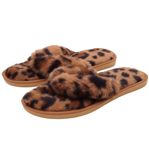 Knuffis Tongs en fourrure pour femme avec peluche, Effet léopard, 38/39 EU