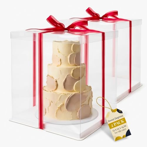 Sweet Degrees Clear Cake Box 13x13x14 Inch 2 Pack - Tall Cake Boxes for Tiered Cakes - Square Cake Carrier with Lid - Clear Gift Box for Wedding Birthday Bakery Display - PET Plastic, Ships Flat