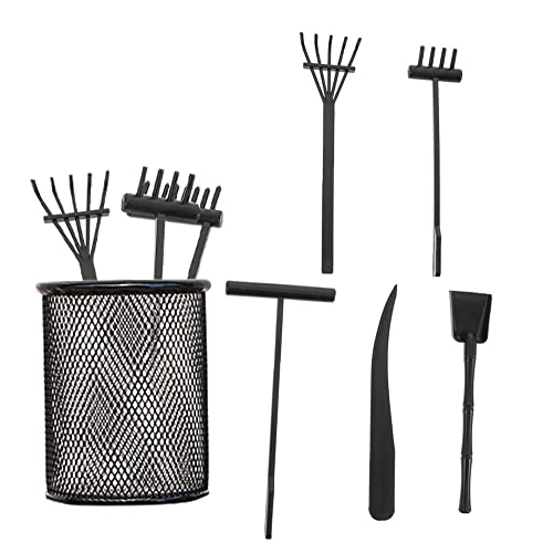 Mini Zen Garden Rake Set - 5 Piece Black Zen Garden Tools with Storage Bucket - Rock and Sand Garden Accessories for Office, Table, and Relaxation