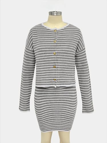 Image of Sumleno Womens 2 Piece Striped Sweater Skirt Sets Trendy Button Down Long Sleeve Knit Cardigan Tops Bodycon Mini Skirt Set
