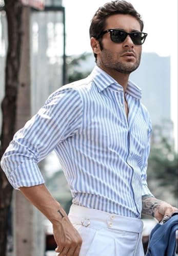 Image of IndoPrimo Men's Striped Shirt | Premium Slim Fit Full Sleeve Formal Casual Shirt | Button-Down Cotton Shirt for Office