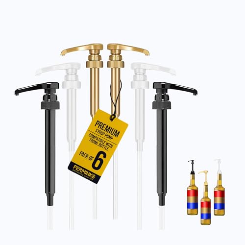 Image of Premium Syrup Pump Compatible w /Torani 750 ml Bottle, Davinci Syrups - No Spill, No Clog Syrup Pump Dispenser for Vanilla, Snow Cone, Coffee Flavoring & More (Pack of 6, Black, White & Gold)