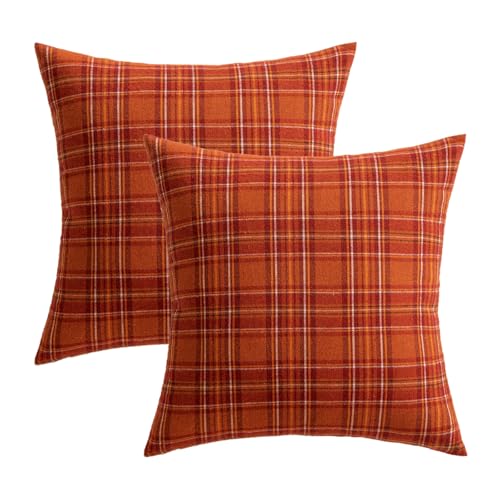 Image of MIULEE Fall Plaid Pillow Covers Scottish Tartan 18x18 Burnt Orange | Set of 2 Fall Decorations Cushion Covers, Farmhouse Winter Home Decor, for Thanksgiving Sofa Couch Bed Living Room