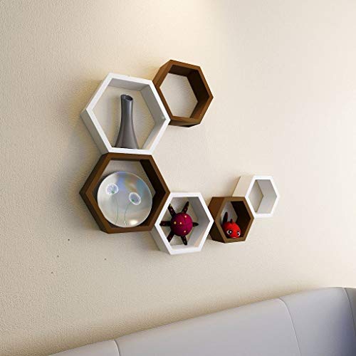 Image of BAS Engineered Wood Brown Art Shoppee Decorative Display With Hexagon Shape Set Of 6 Floating Wall Shelves And Racks For Living Room (Brown & White)
