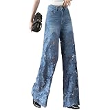 Women's Summer Lace Hollow Patchwork Ripped High Waisted Jeans Casual Vintage Baggy Straight Wide Leg Denim Pants