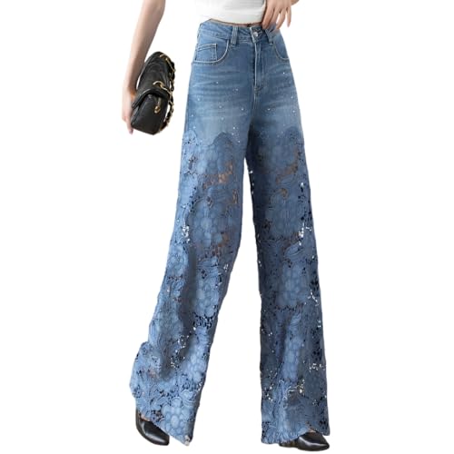 Women's Summer Lace Hollow Patchwork Ripped High Waisted Jeans Casual Vintage Baggy Straight Wide Leg Denim Pants