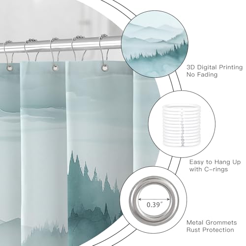 BayNook Small Stall Misty Forest Shower Curtain 36 x 72 Inch, Half Narrow Teal Mountain Shower Curtain, Woodland Tree Nature Landscape Waterproof Fabric Shower Curtain Set with Hooks by BayNook - Image 5